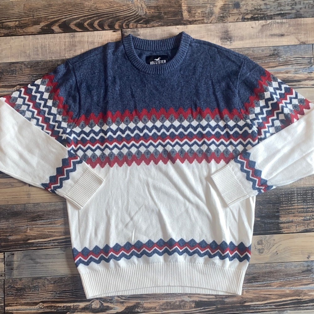 Hollister Navy and Cream Nordic pattern Crewneck Sweater